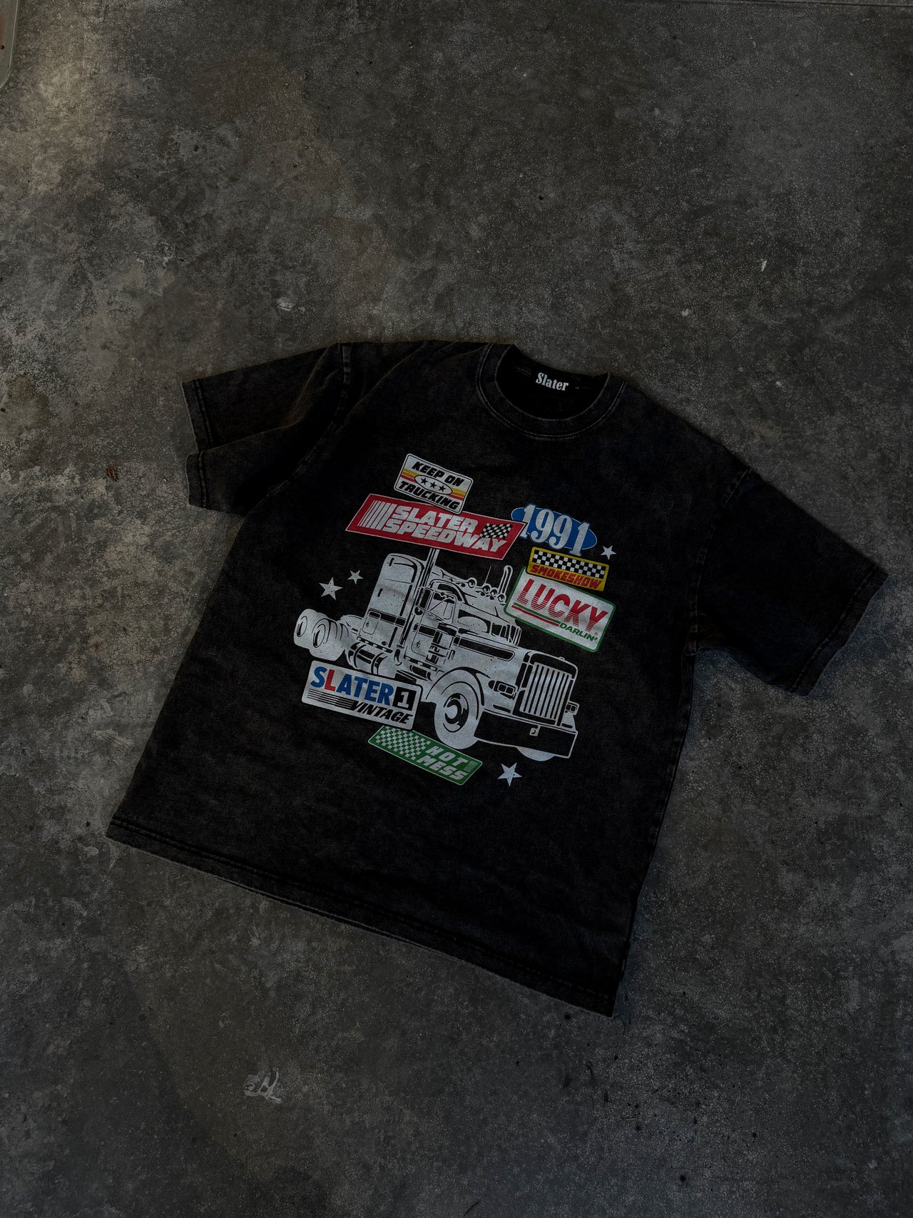 Keep On Truckin' Acid Wash Tee x Black
