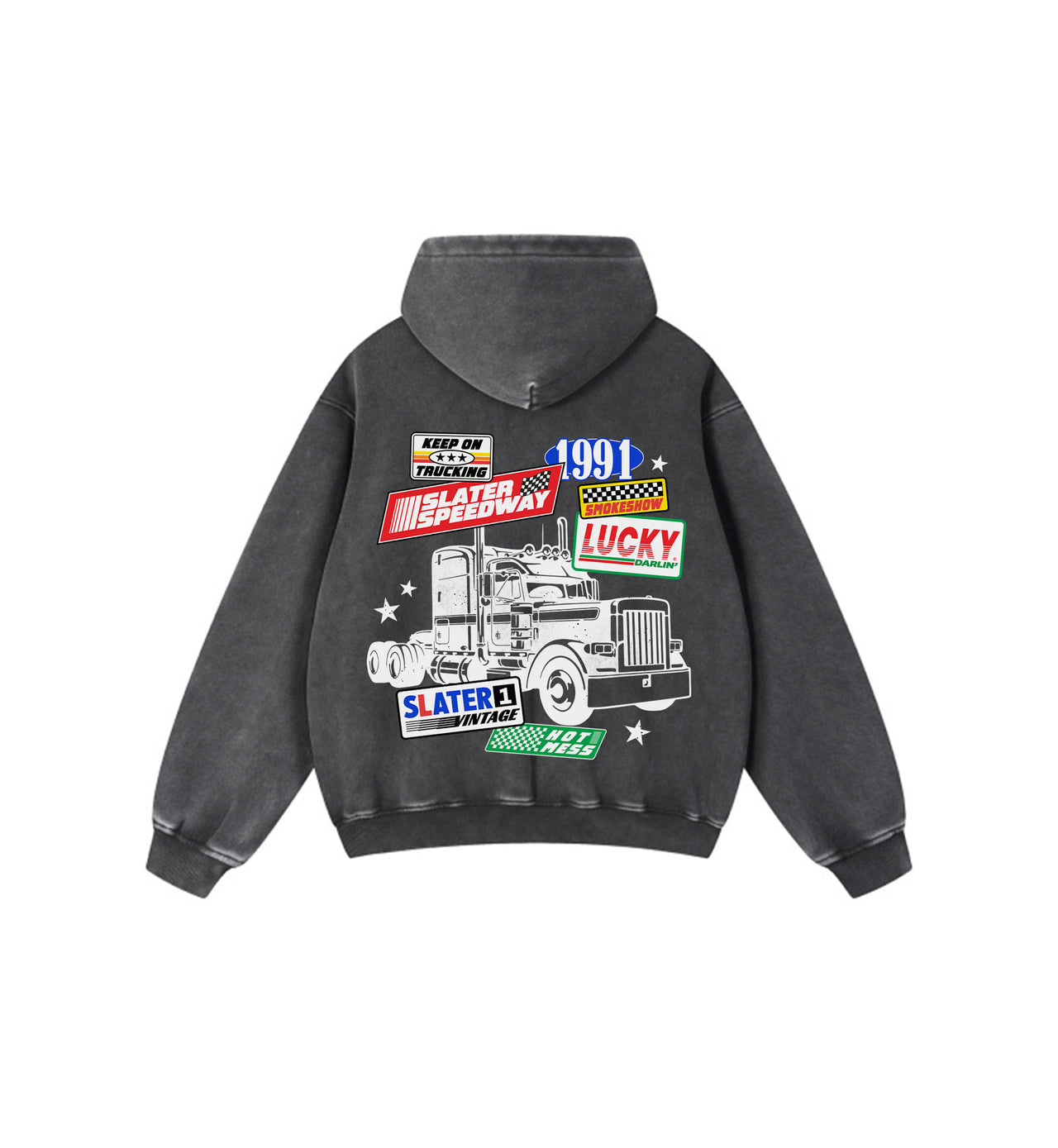 Black hoodie with graphic design on the back featuring a truck and text on a white background