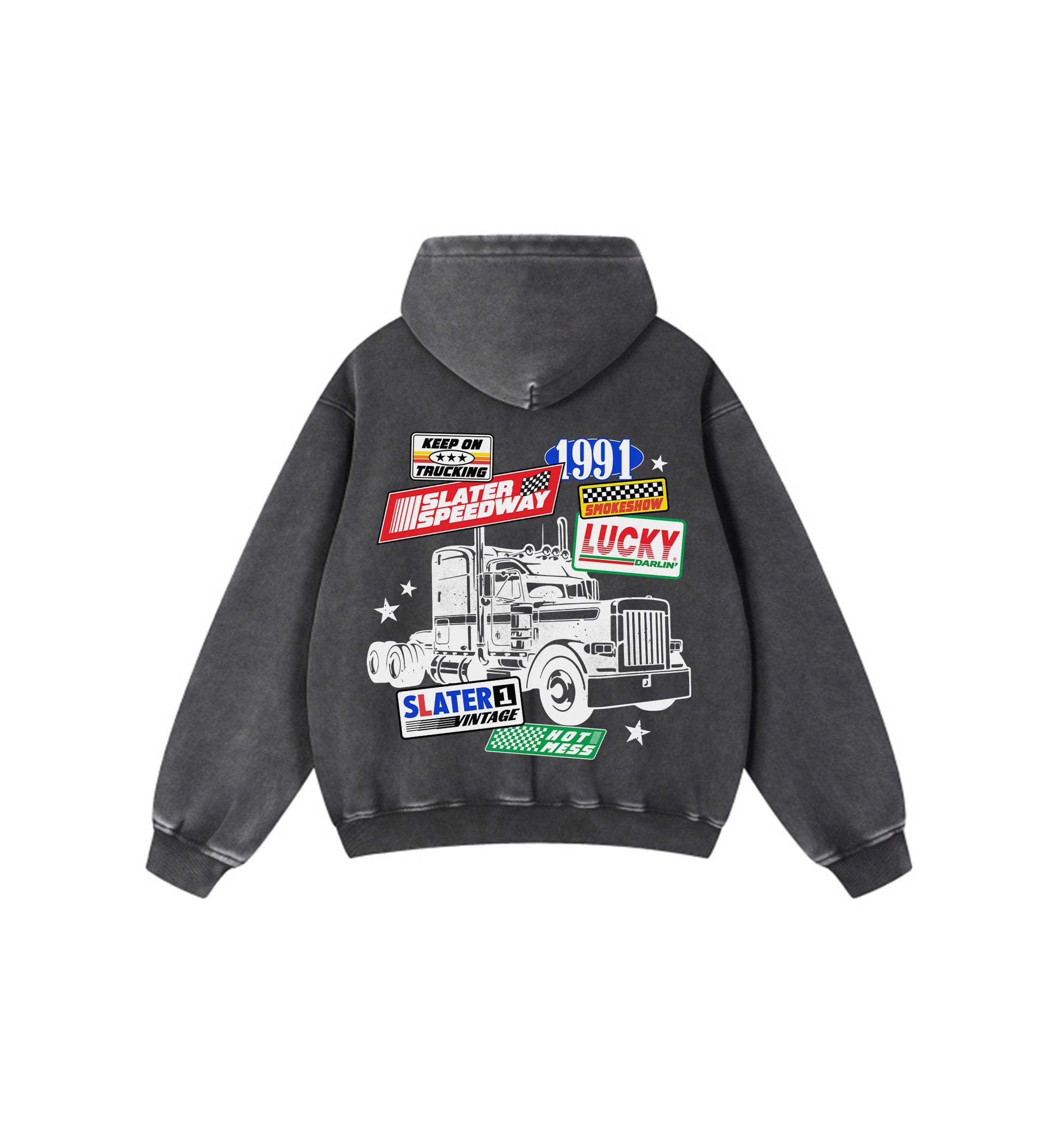 Black hoodie with graphic design on the back featuring a truck and text on a white background