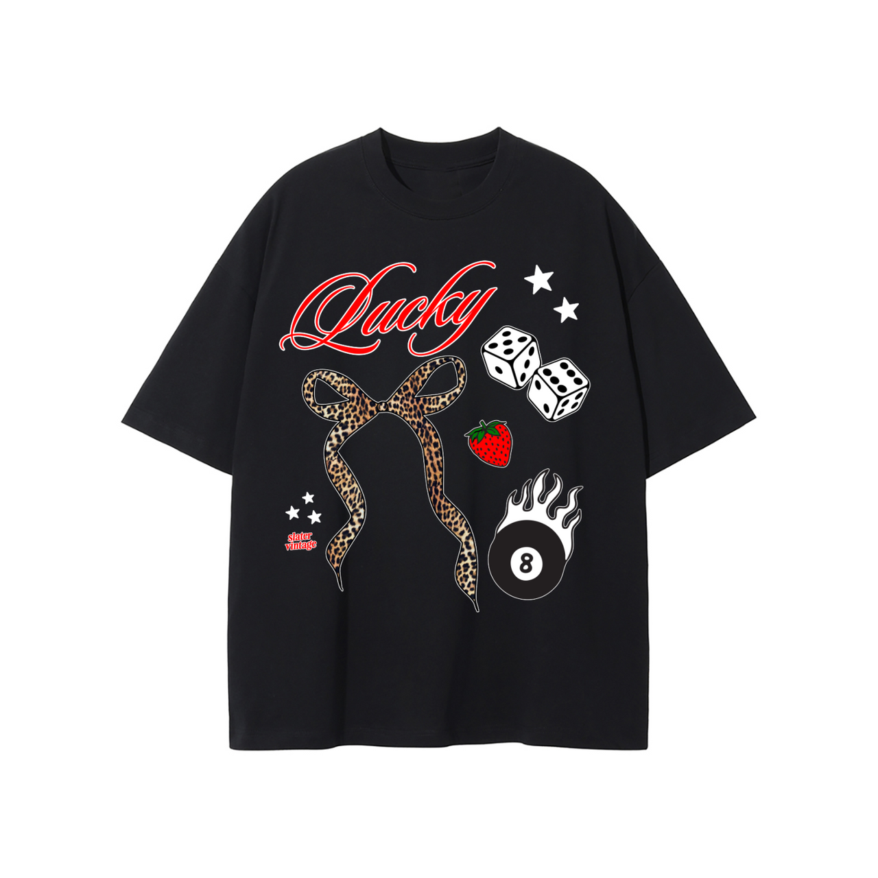Black t-shirt with colorful graphics and LUCKY WRITTEN IN RED WITH DICE

