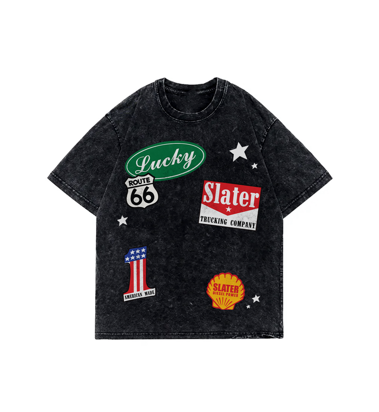 Black t-shirt with various logos and text on a white background