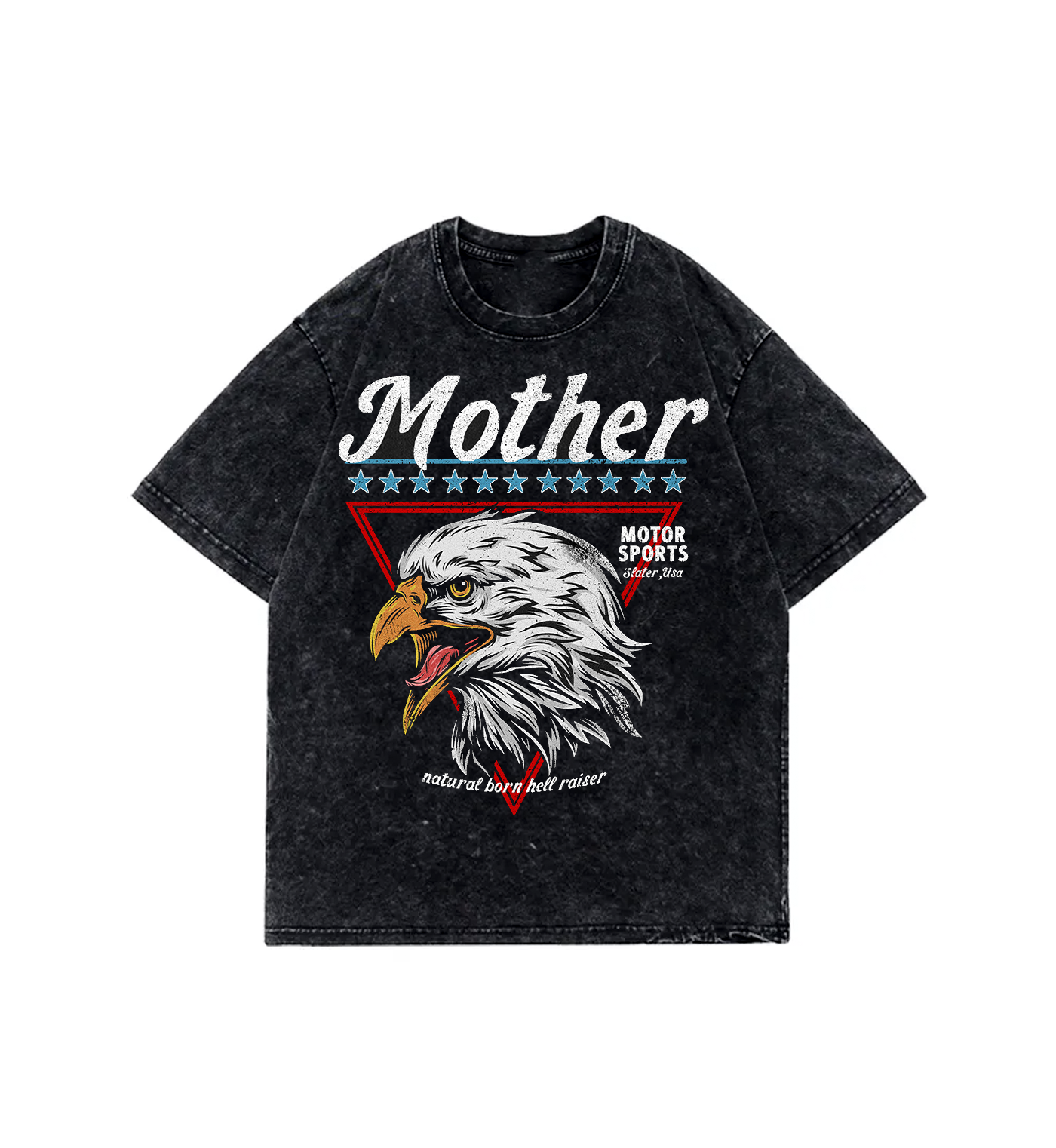 Black t-shirt with an eagle graphic and text on a white background
