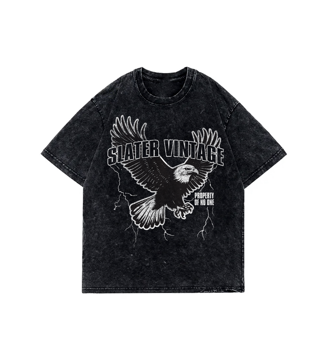Black t-shirt with an eagle graphic and 'Slater Vintage' text on a white background