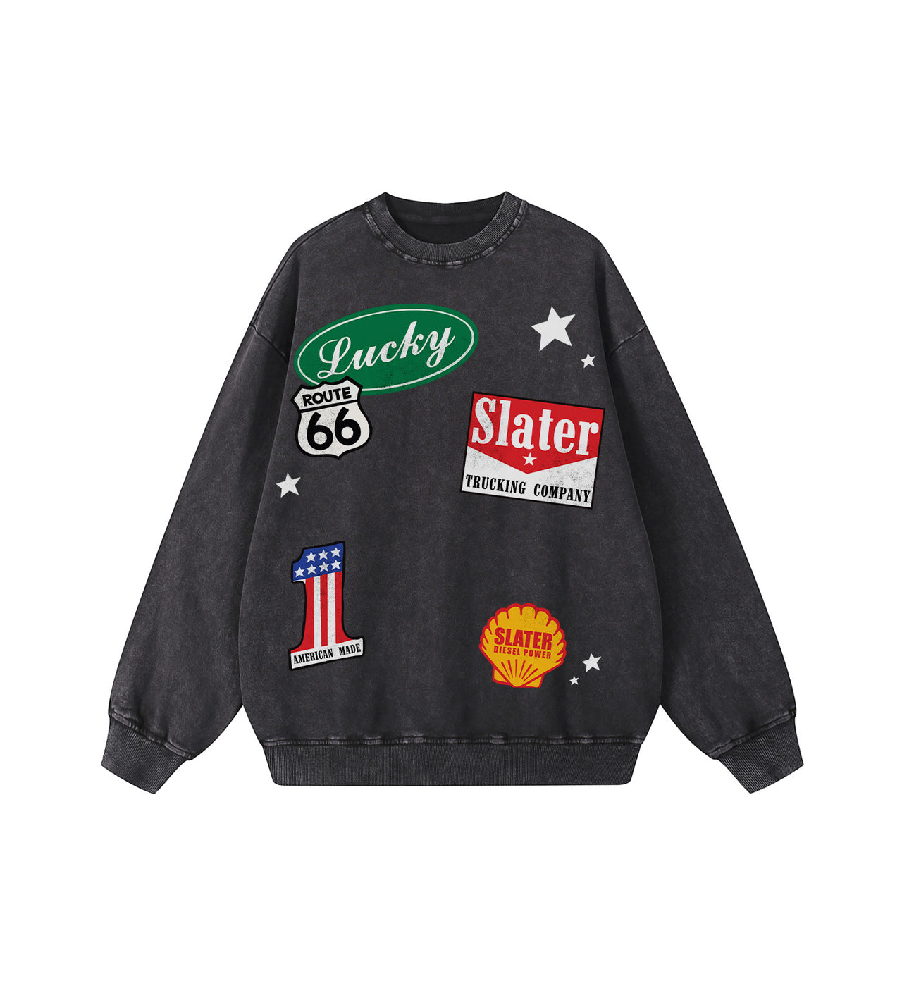 Black sweatshirt with various patches on a white background