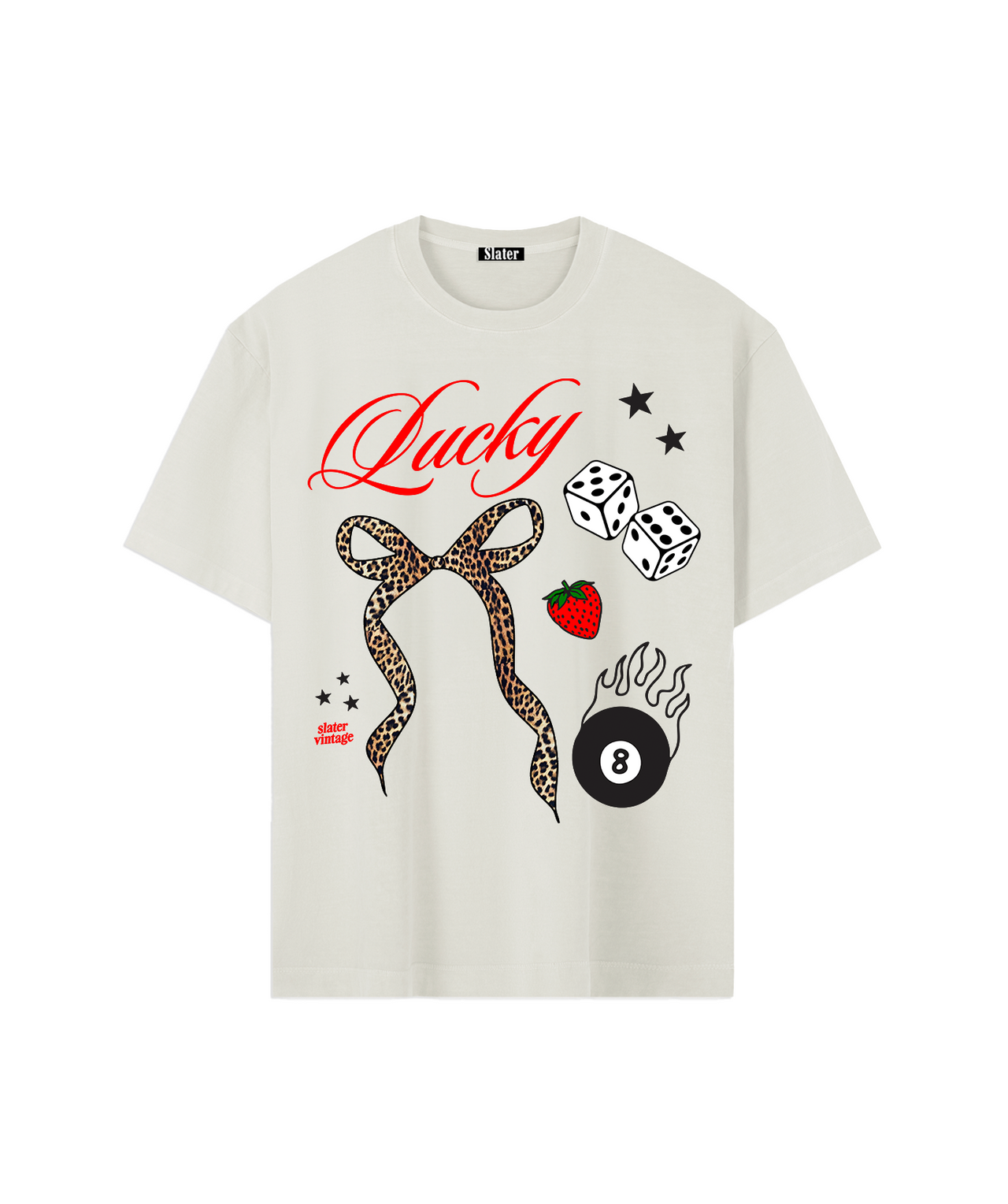 White t-shirt with colorful graphics and text on a white background