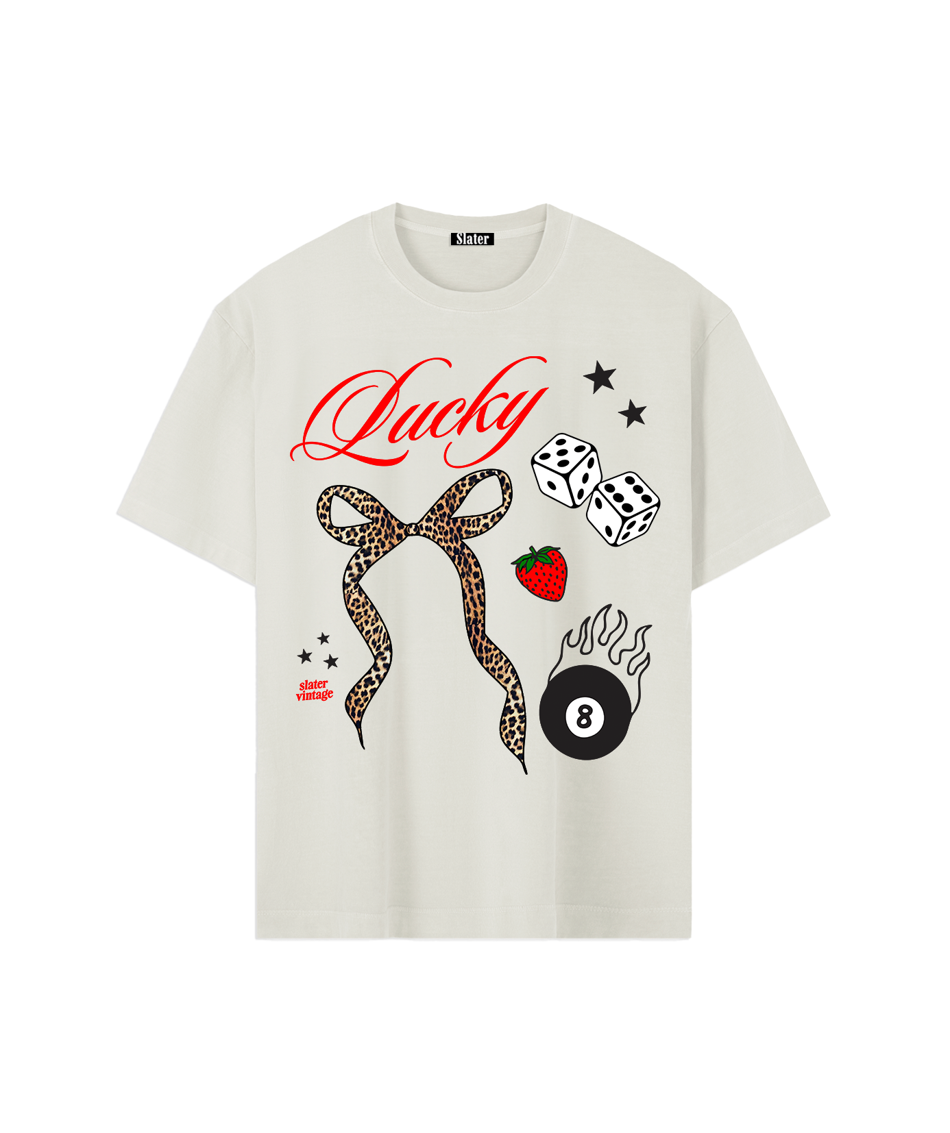 White t-shirt with colorful graphics and text on a white background