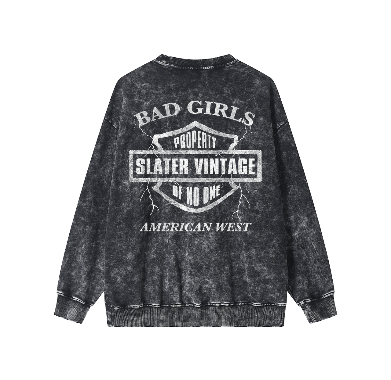 Black acid-wash sweatshirt with eagle graphic and 'Slayer Vintage' text on a white background