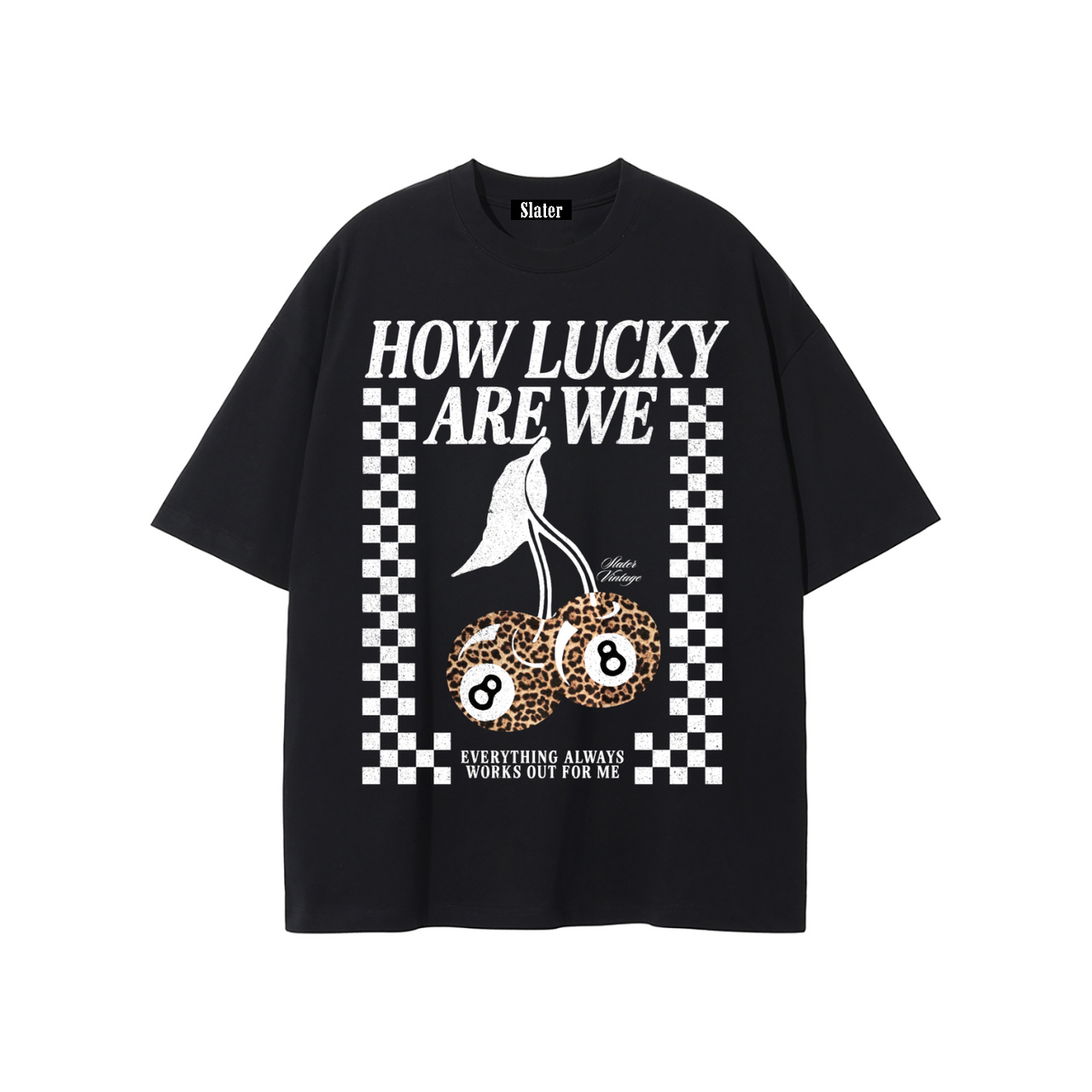 Black t-shirt with graphic design and text on a white background