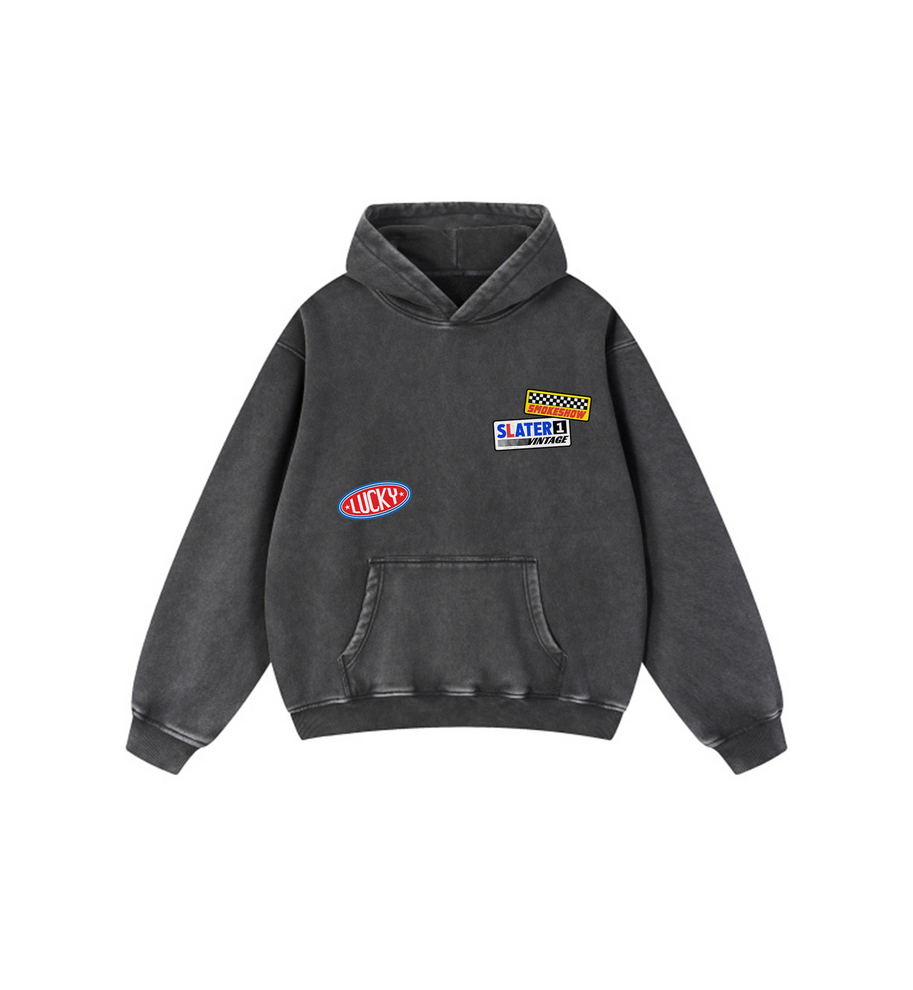 Black hoodie with graphic design on the back featuring a truck and text on a white background