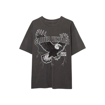 Black t-shirt with an eagle graphic and 'Slater Vintage' text on a white background