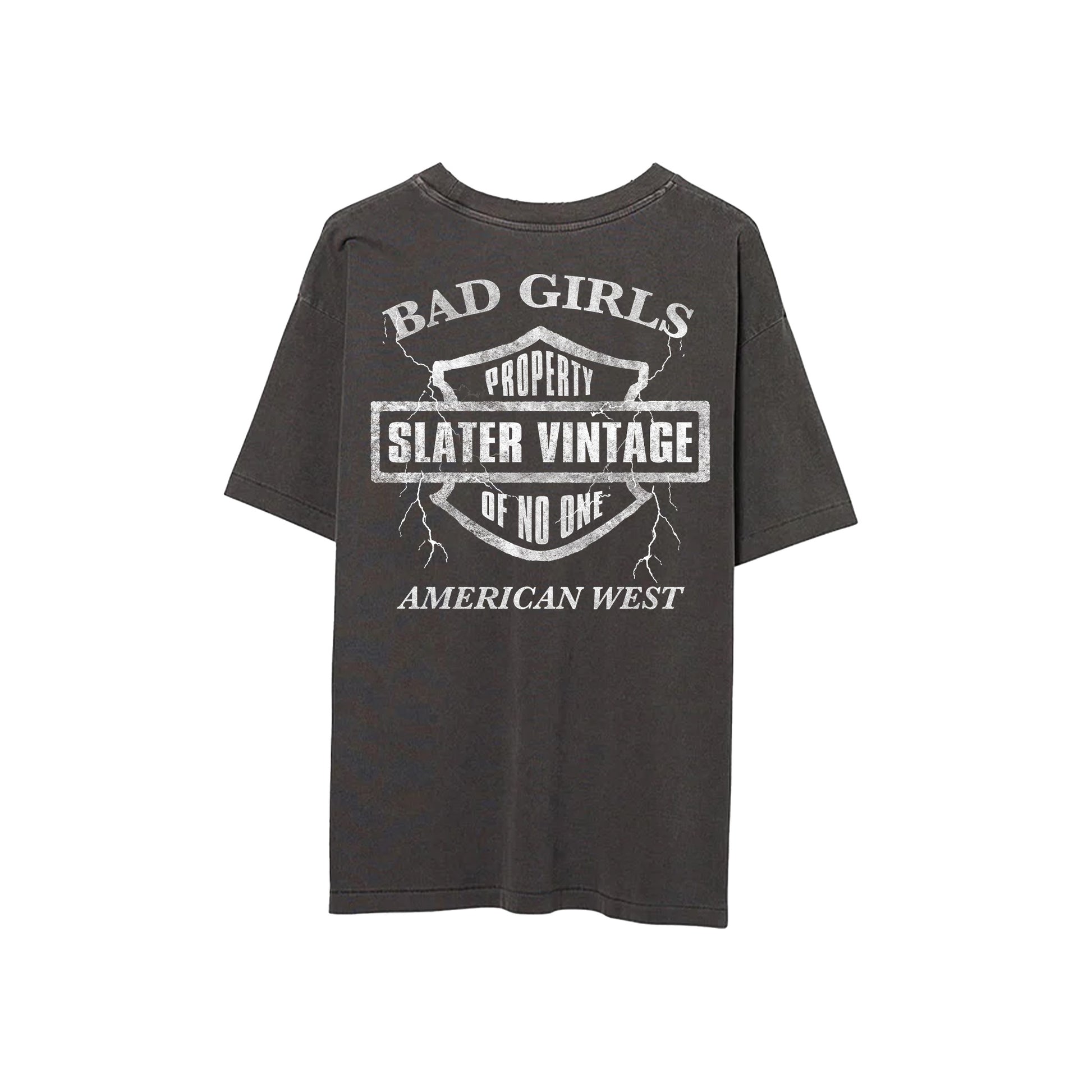 Black t-shirt with white text and graphics on a white background