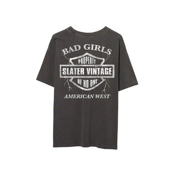 Black t-shirt with white text and graphics on a white background