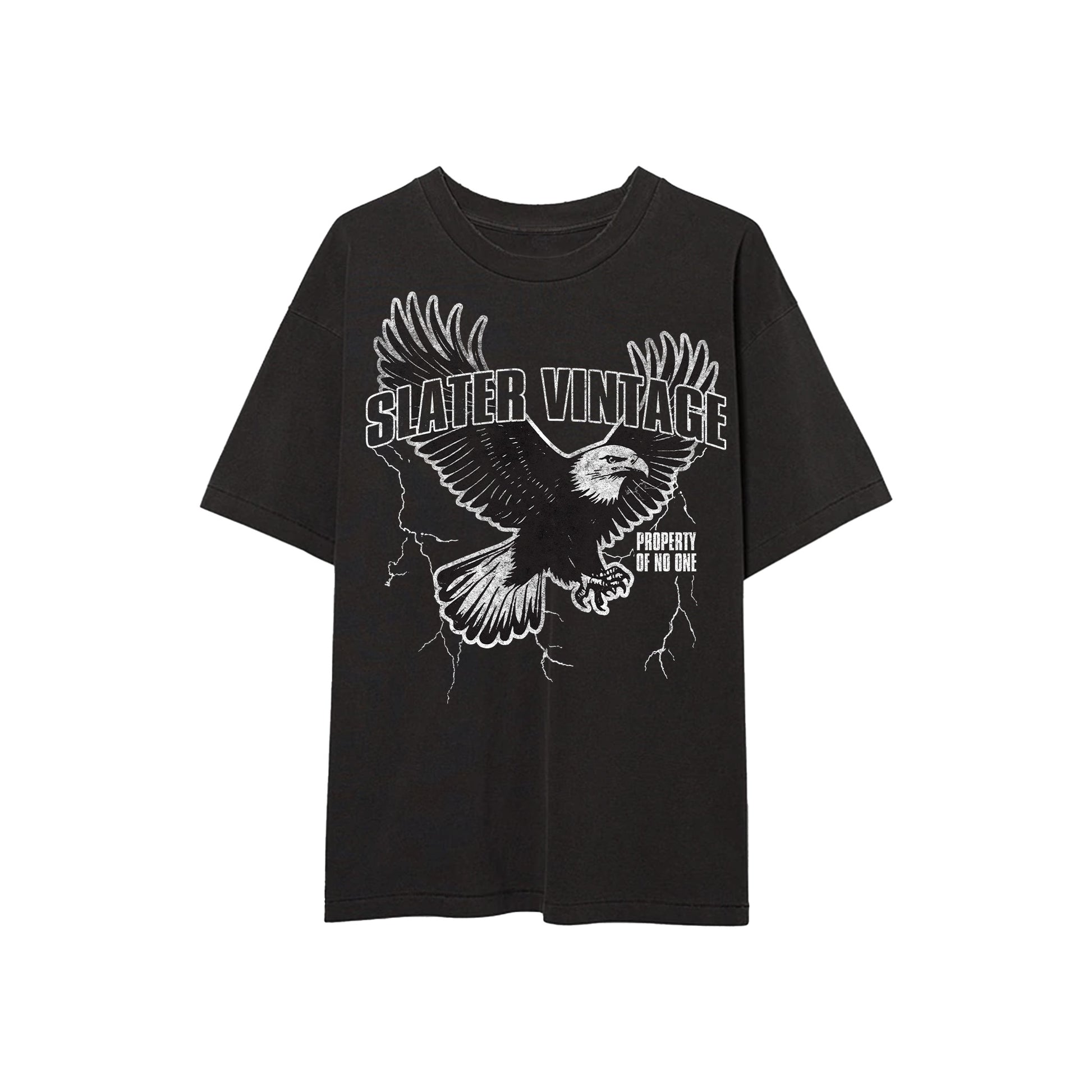 Black t-shirt with a white eagle graphic and 'Slater Vintage' text on a white background
