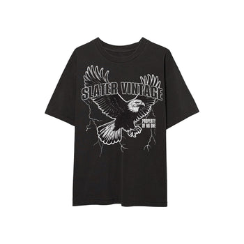 Black t-shirt with a white eagle graphic and 'Slater Vintage' text on a white background