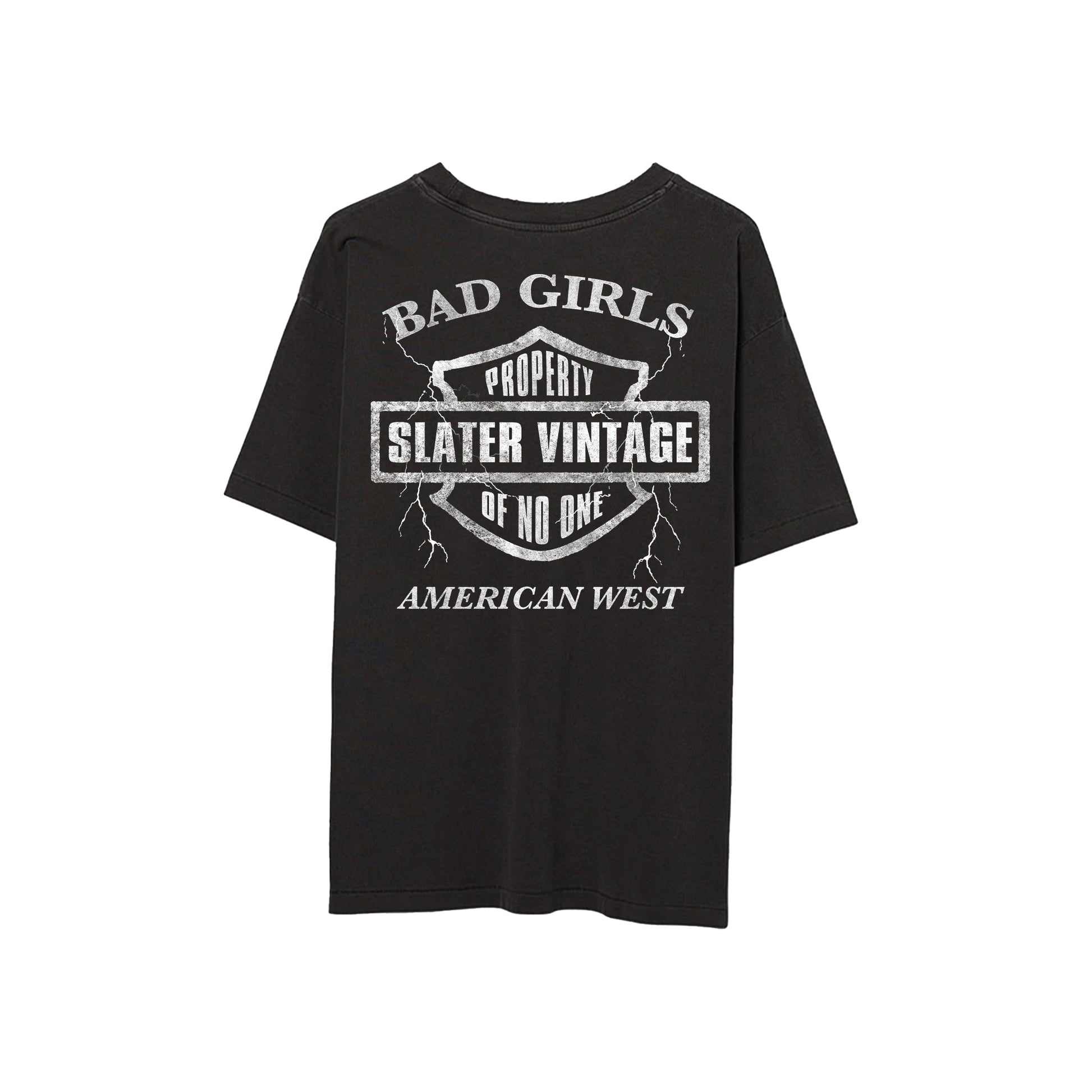 Black t-shirt with white graphic text on a white background