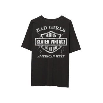 Black t-shirt with white graphic text on a white background