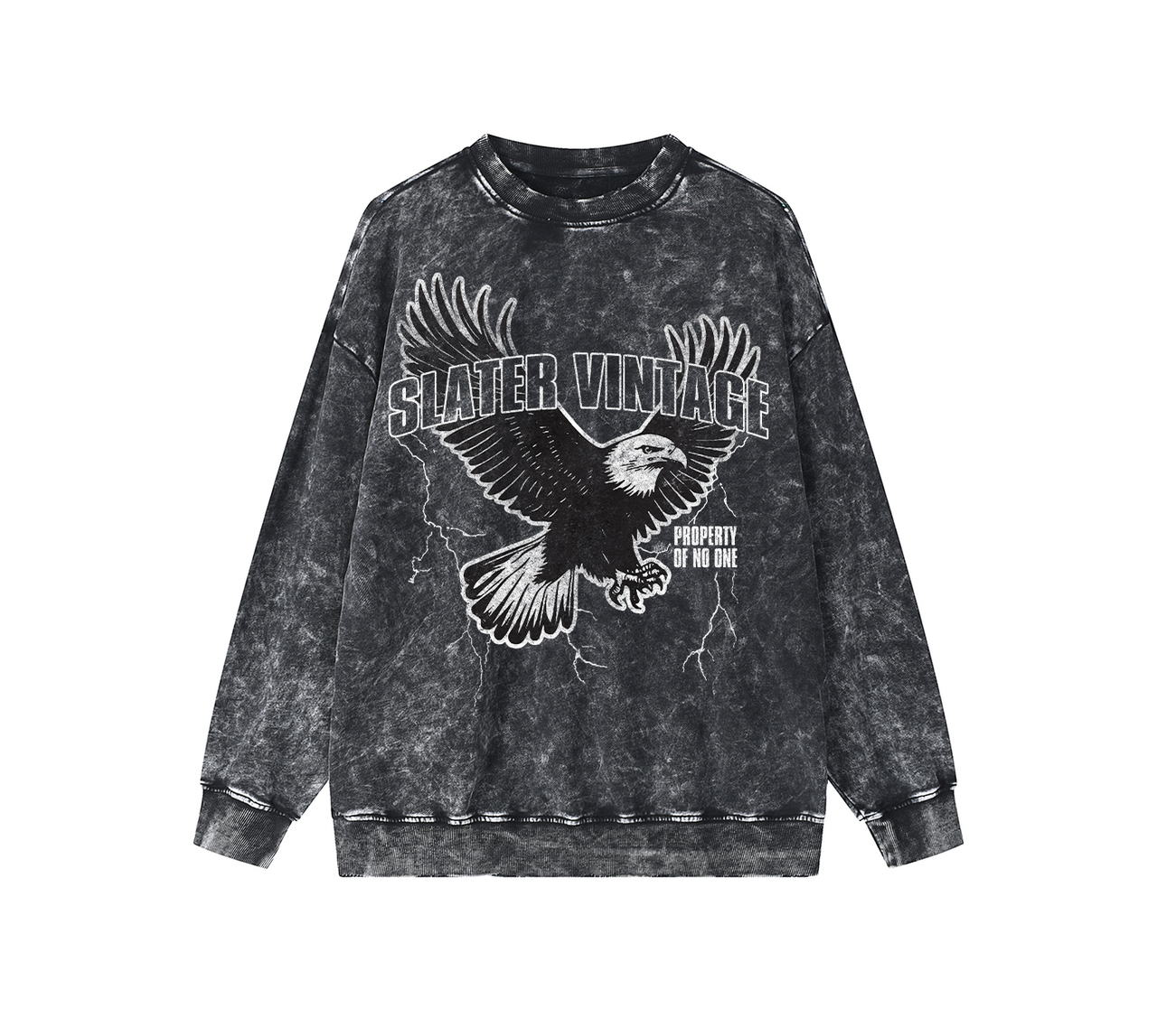 Black acid-wash sweatshirt with eagle graphic and 'Slayer Vintage' text on a white background