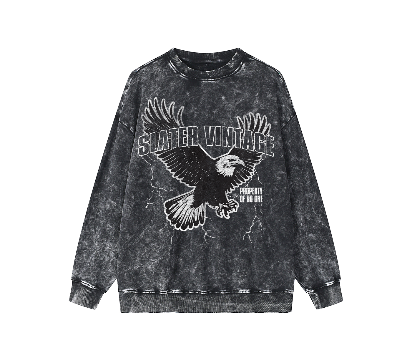 Black acid-wash sweatshirt with eagle graphic and 'Slayer Vintage' text on a white background