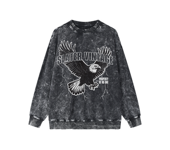 Black acid-wash sweatshirt with eagle graphic and 'Slayer Vintage' text on a white background